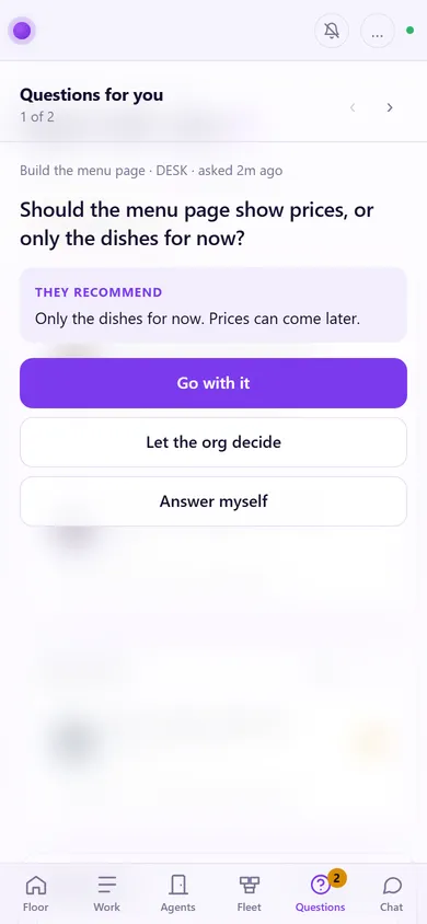 A question on the phone: should the menu page show prices, with the session's recommendation and three buttons, Go with it, Let the org decide, and Answer myself.